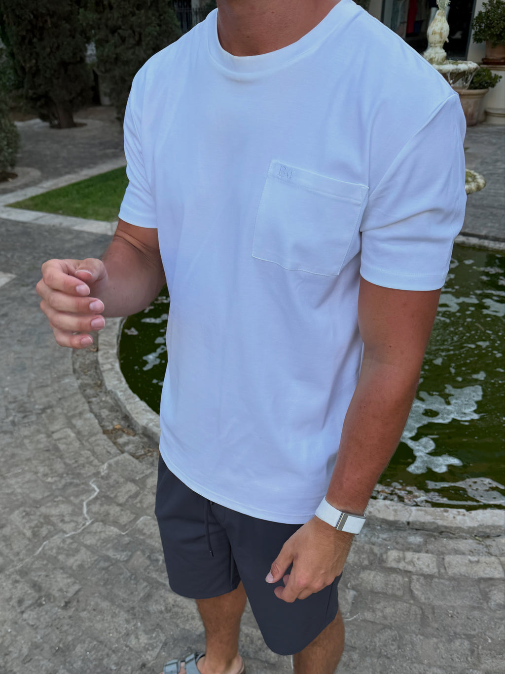 White BM Embroidered Pocket T-Shirt