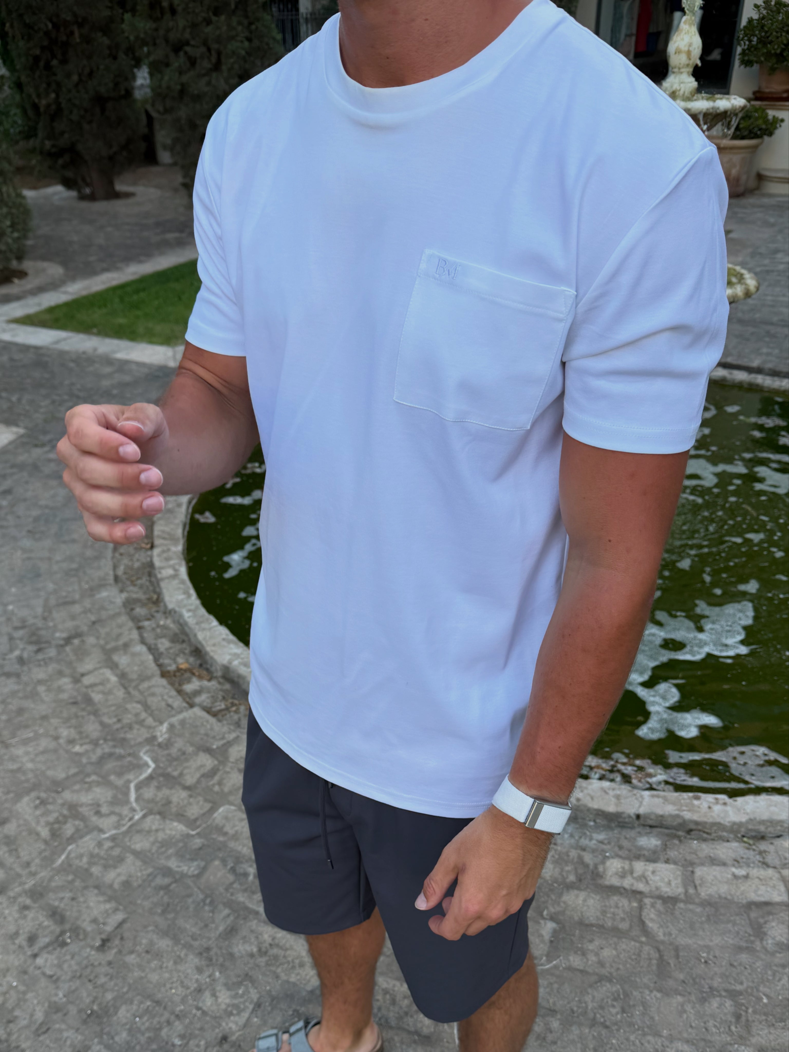 White BM Embroidered Pocket T-Shirt